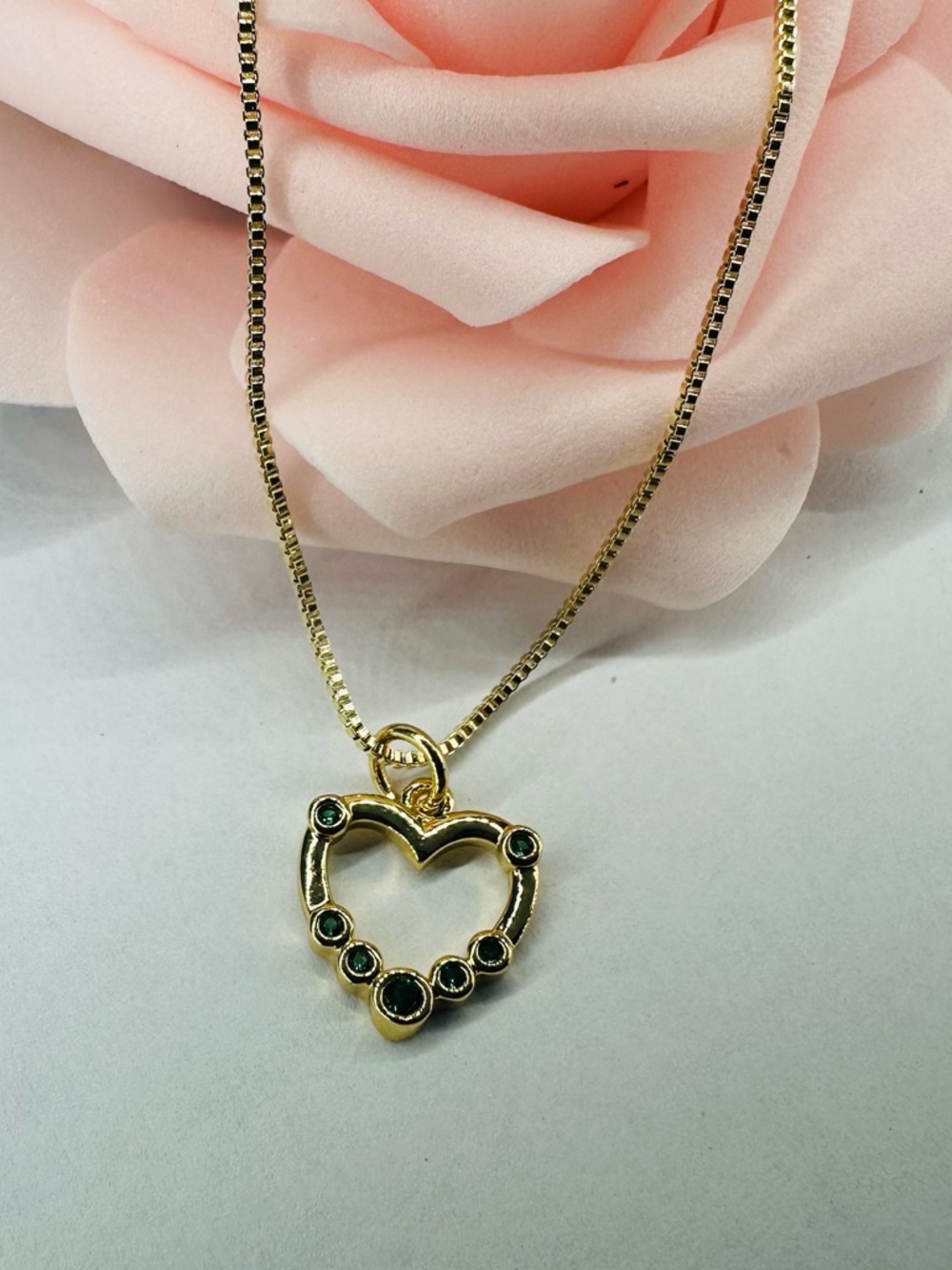 14K Gold plated Green CZ Heart Pendant Necklace | 16” Gold Plated Chain | New - Picture 3 of 12